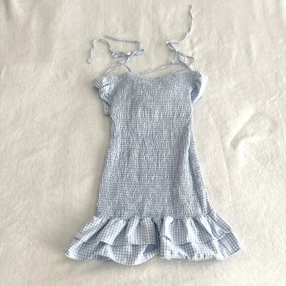 Mable Smocked Plaid Mini Dress S Blue Ruffled Cut-Out Tie Front Checker Coquette - Picture 4 of 9
